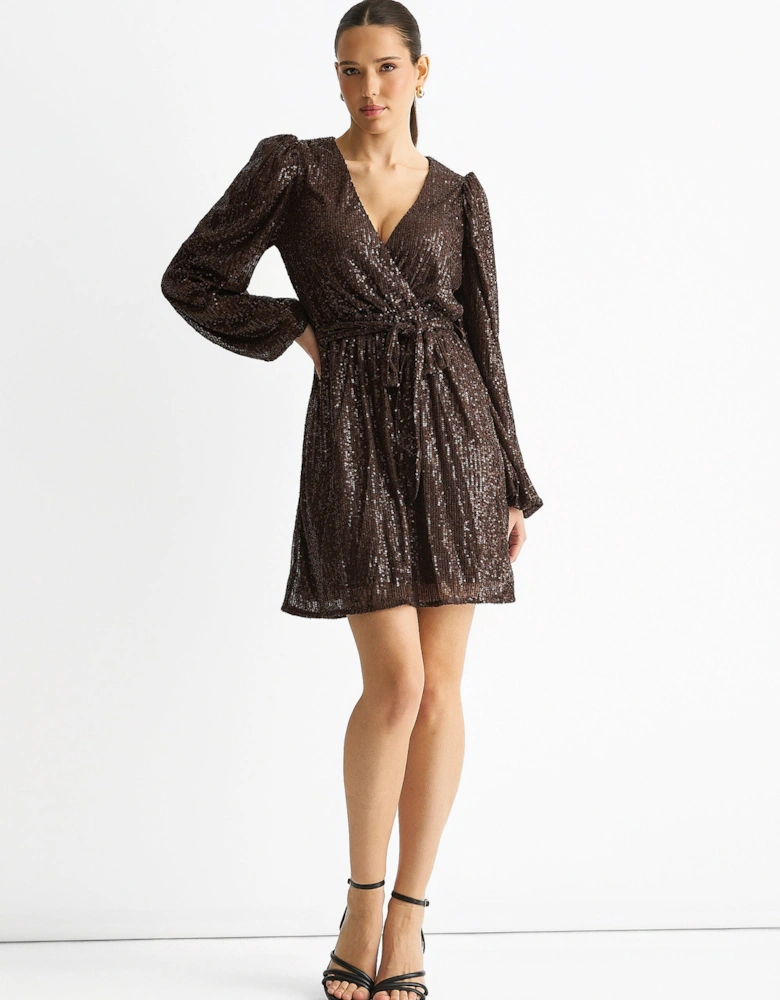 Chocolate Sequin V Neck Belted Mini Dress