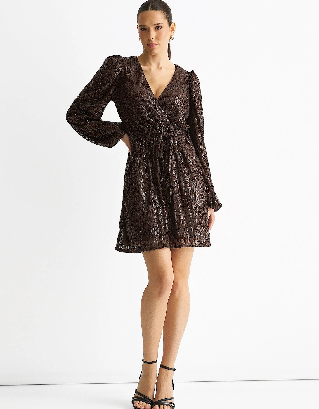 Chocolate Sequin V Neck Belted Mini Dress, 5 of 4