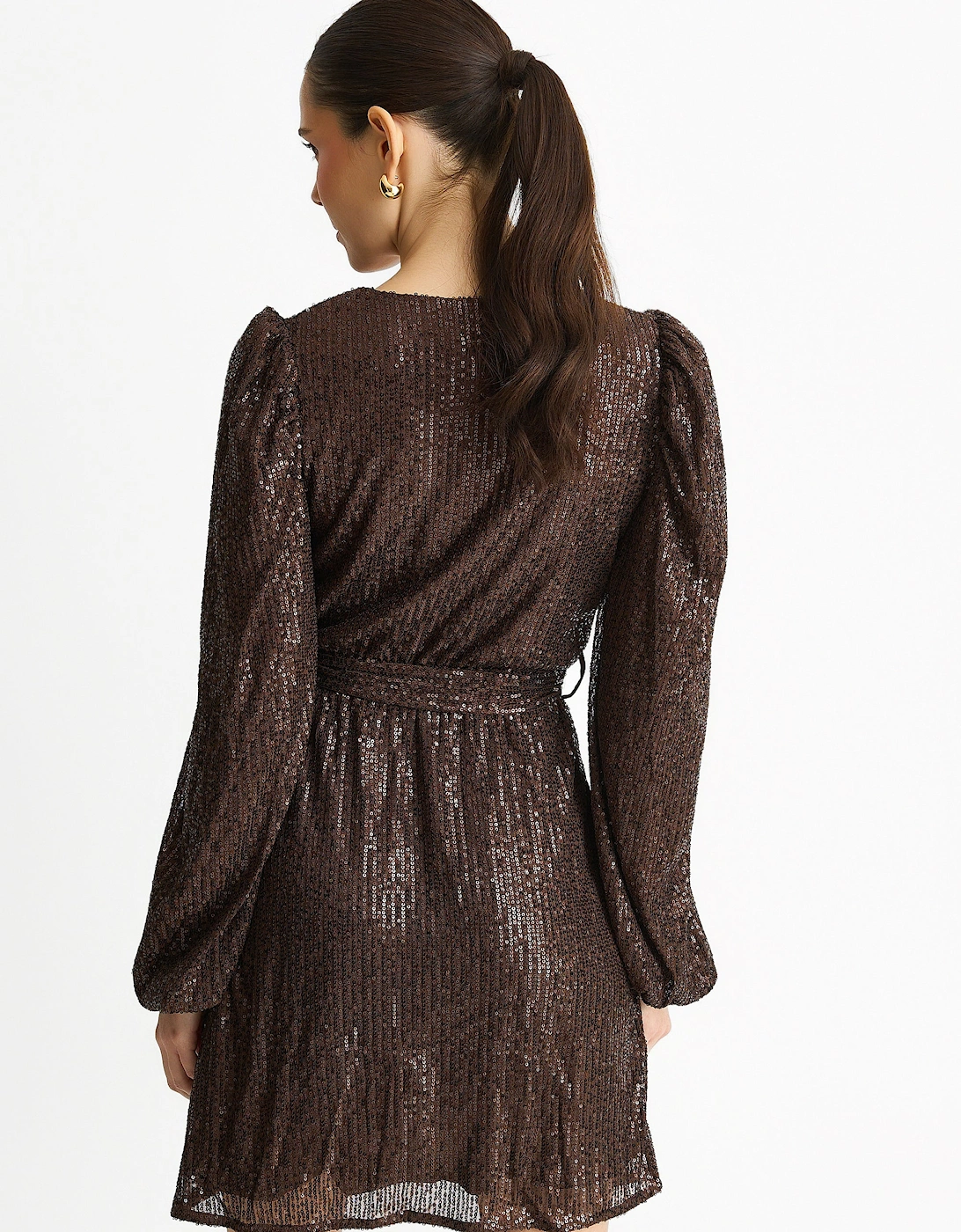 Chocolate Sequin V Neck Belted Mini Dress