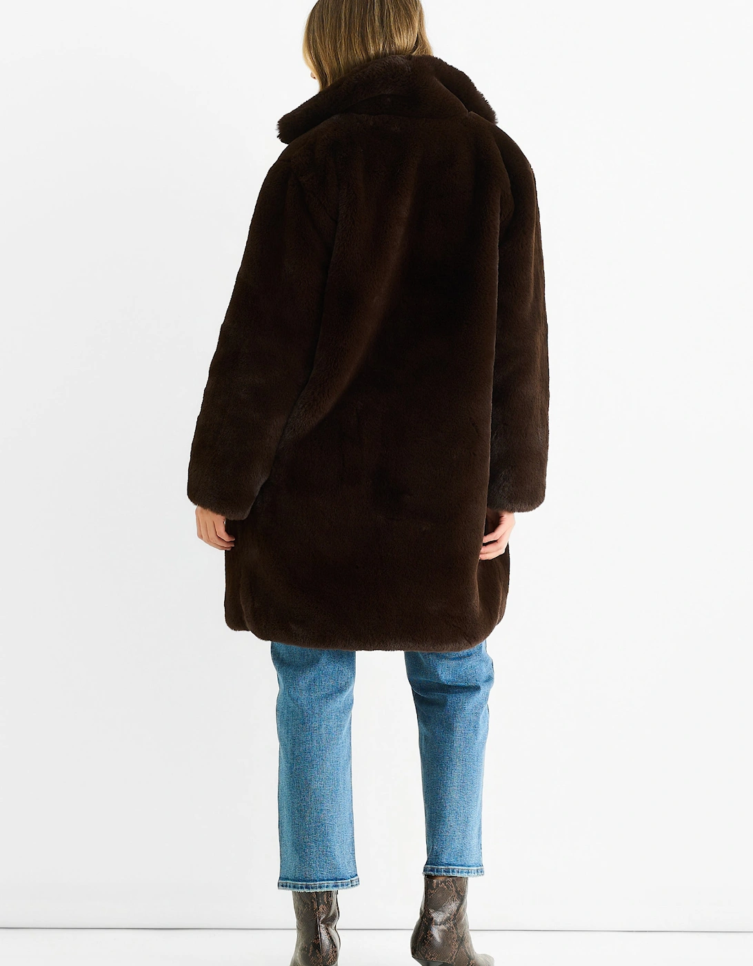 Chocolate Faux Fur Lapel Collar Longline Coat
