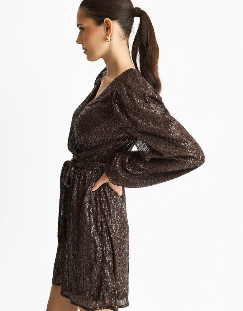 Chocolate Sequin V Neck Belted Mini Dress