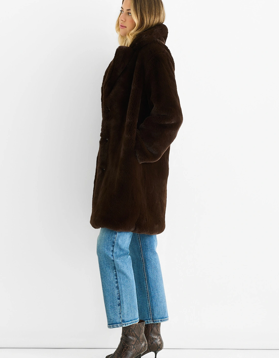 Chocolate Faux Fur Lapel Collar Longline Coat