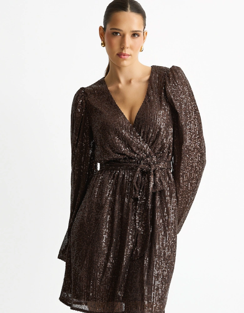 Chocolate Sequin V Neck Belted Mini Dress