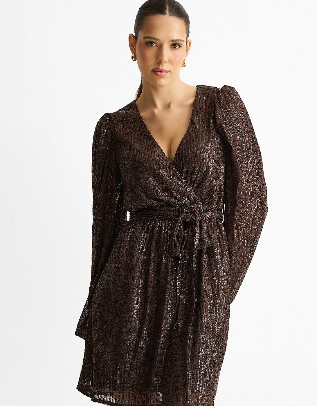 Chocolate Sequin V Neck Belted Mini Dress