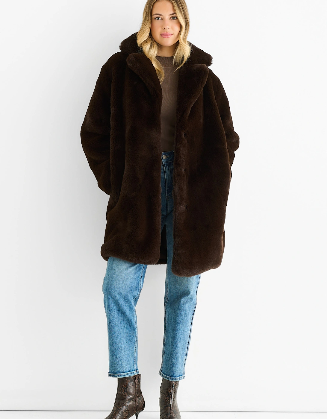 Chocolate Faux Fur Lapel Collar Longline Coat