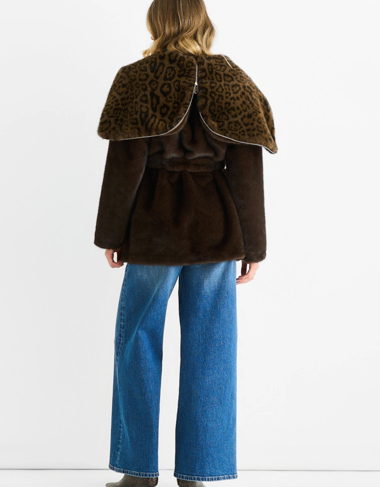 Chocolate Premium Contrast Lapel Hood Animal Faux Fur Jacket