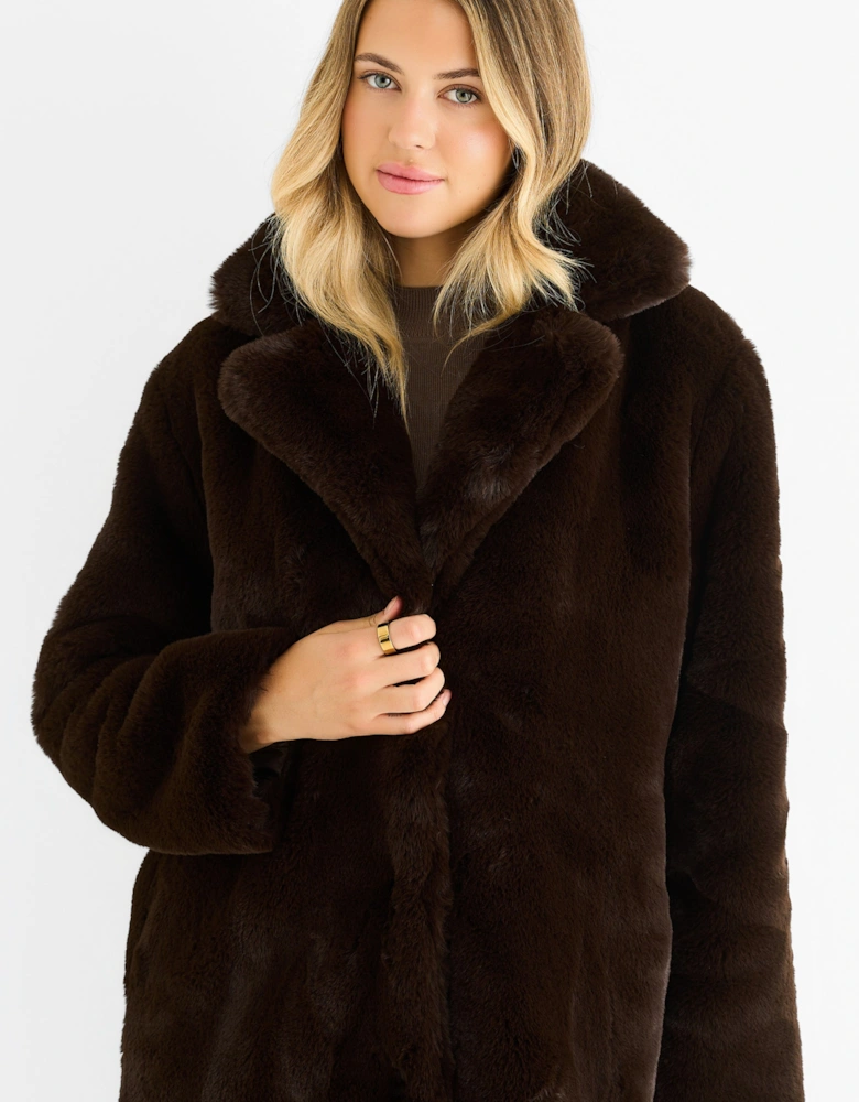 Chocolate Faux Fur Lapel Collar Longline Coat