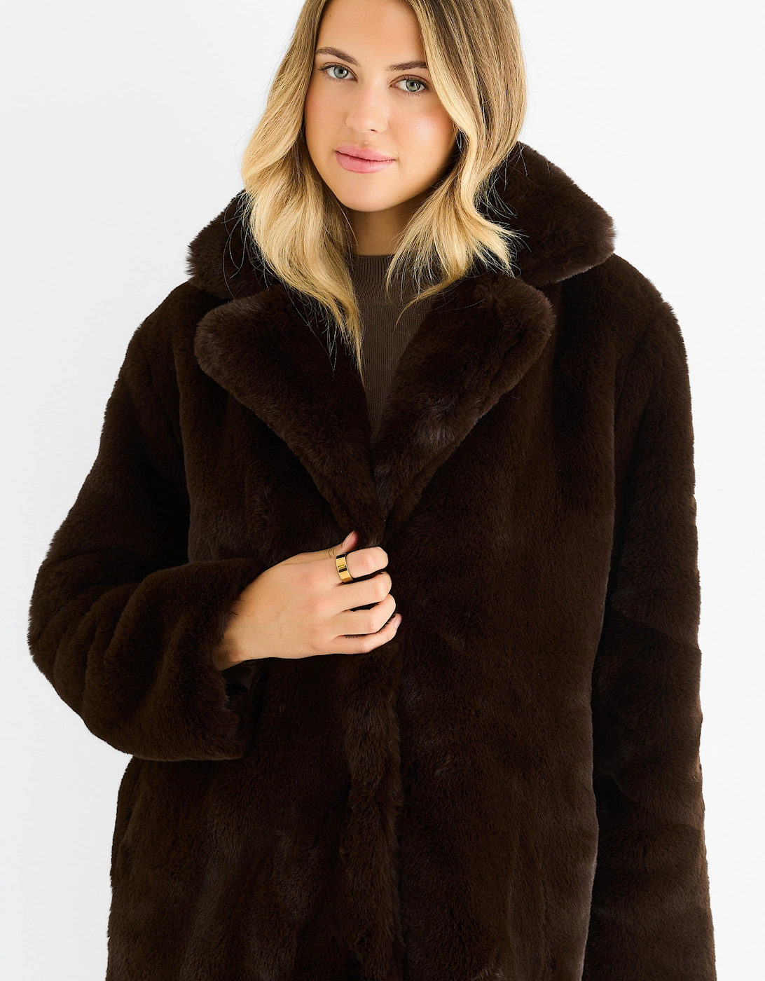 Chocolate Faux Fur Lapel Collar Longline Coat, 5 of 4