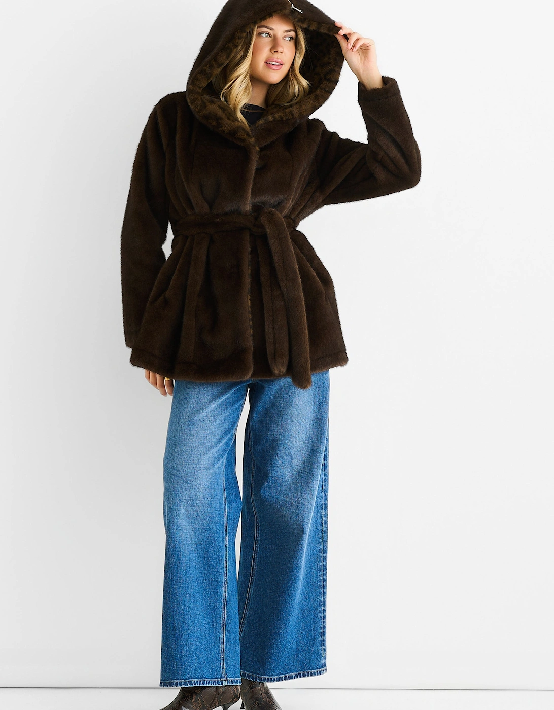 Chocolate Premium Contrast Lapel Hood Animal Faux Fur Jacket, 5 of 4