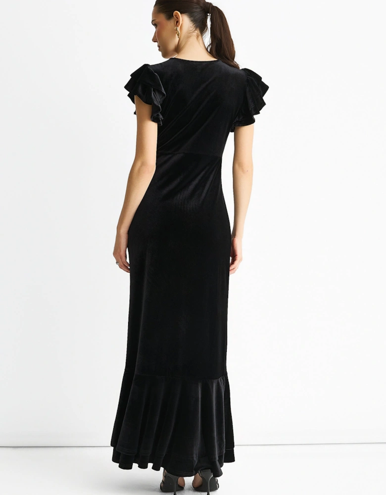 Black V Neck Ruffle Sleeves Velvet Occasion Maxi Dress
