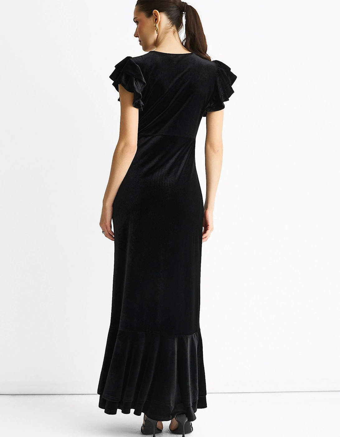 Black V Neck Ruffle Sleeves Velvet Occasion Maxi Dress