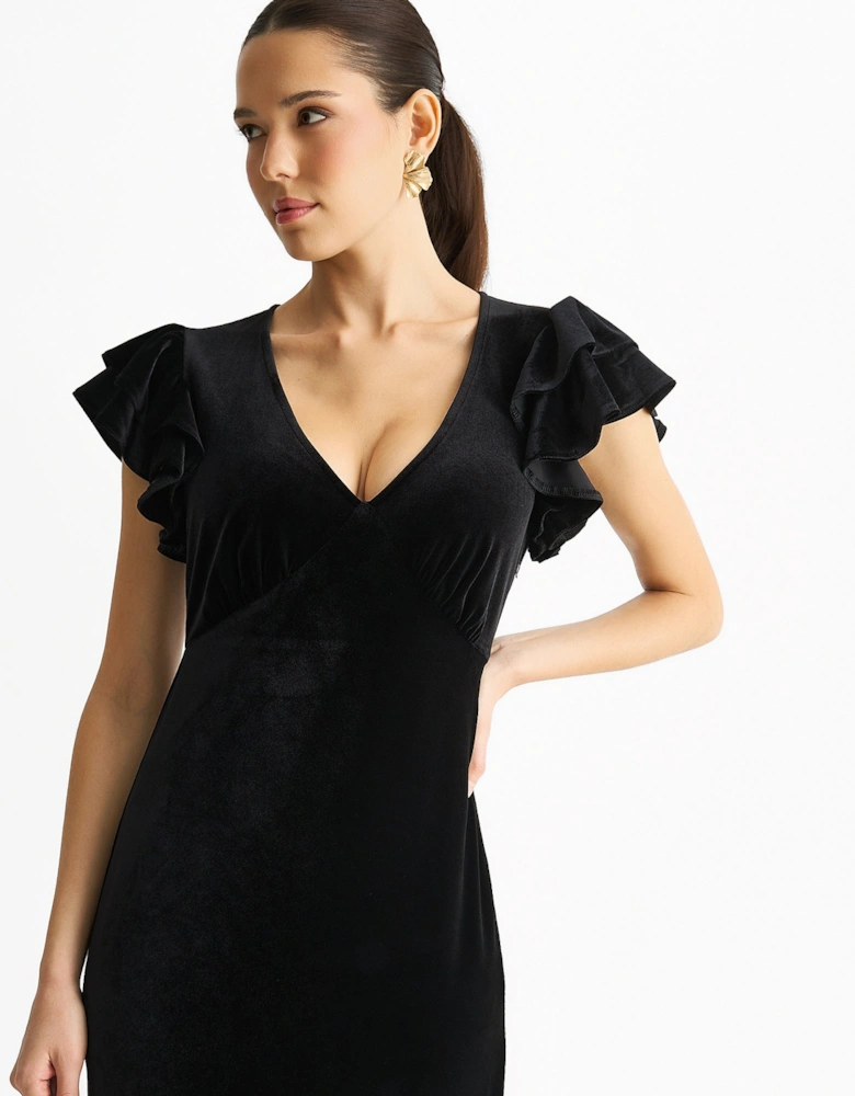 Black V Neck Ruffle Sleeves Velvet Occasion Maxi Dress