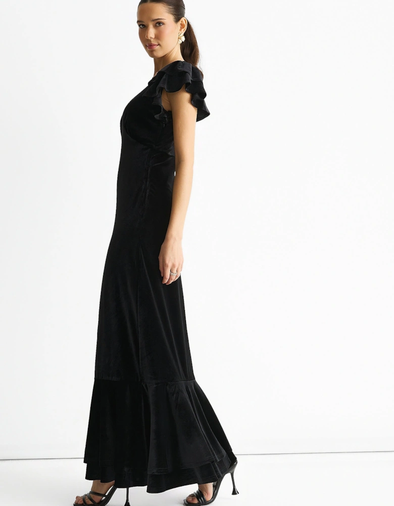 Black V Neck Ruffle Sleeves Velvet Occasion Maxi Dress