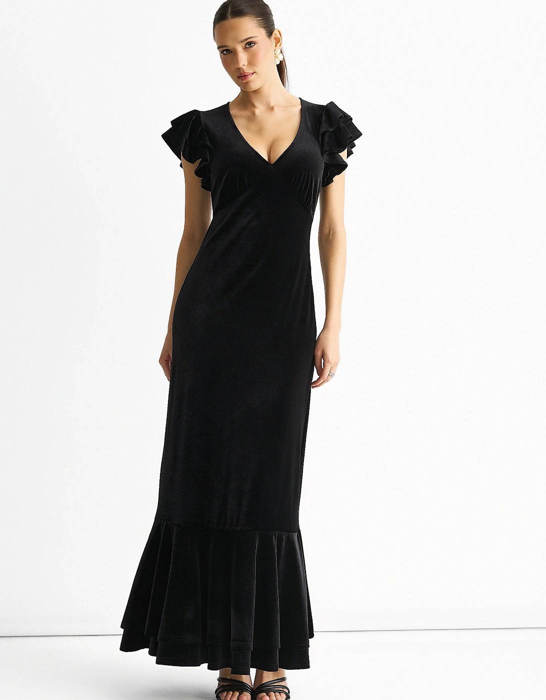 Gini London Women's Black V Neck Ruffle Sleeves Velvet Occasion Maxi Dress - : 16 Size 16
