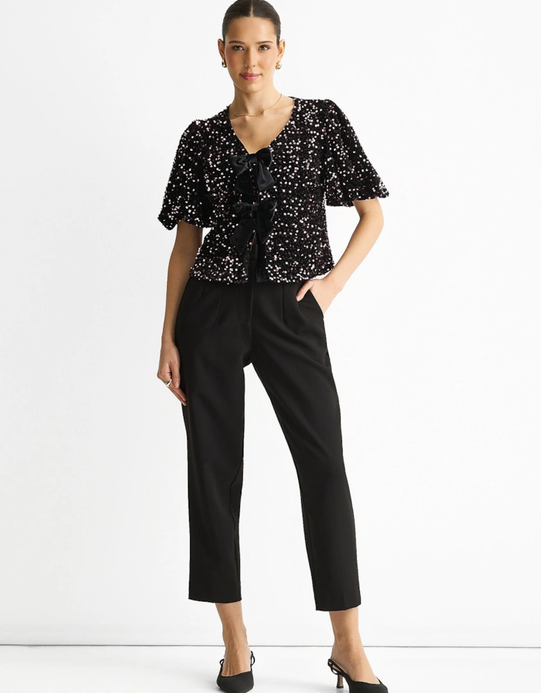 Purple Velvet Sequin Bow Front Bubble Sleeve Top