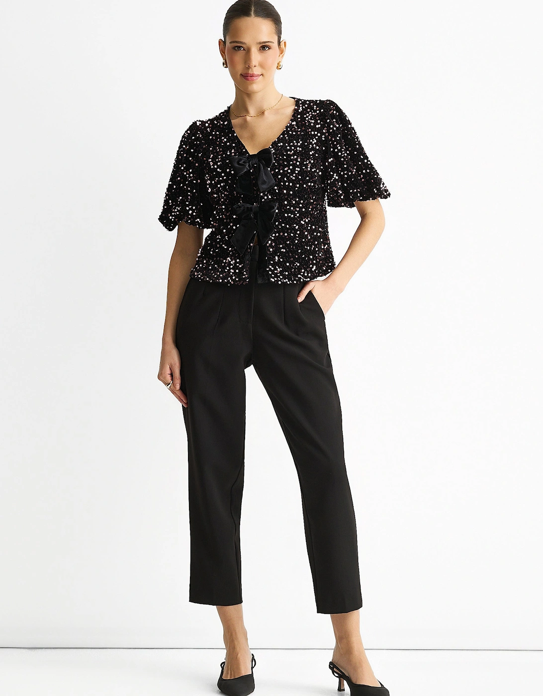 Purple Velvet Sequin Bow Front Bubble Sleeve Top, 5 of 4