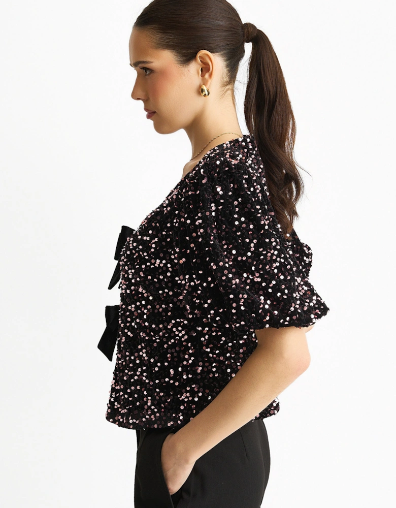 Purple Velvet Sequin Bow Front Bubble Sleeve Top