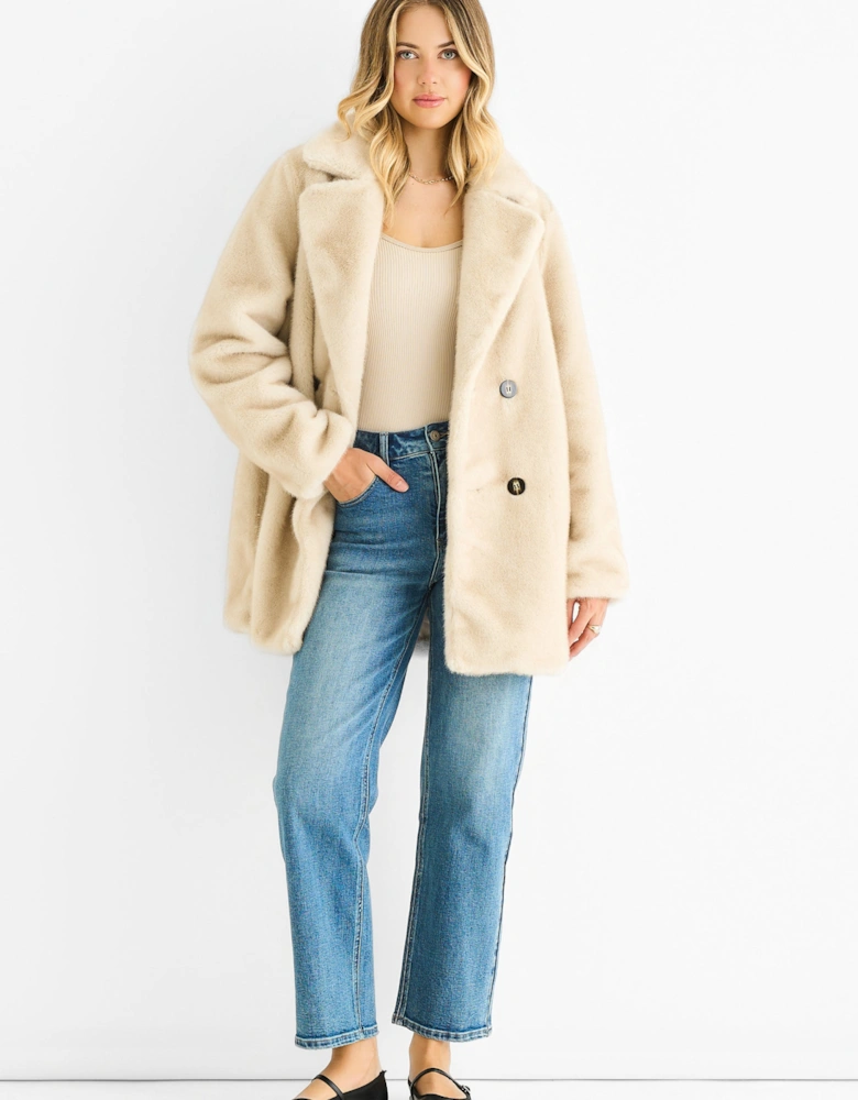 Beige Faux Fur Double Breasted Longline Jacket