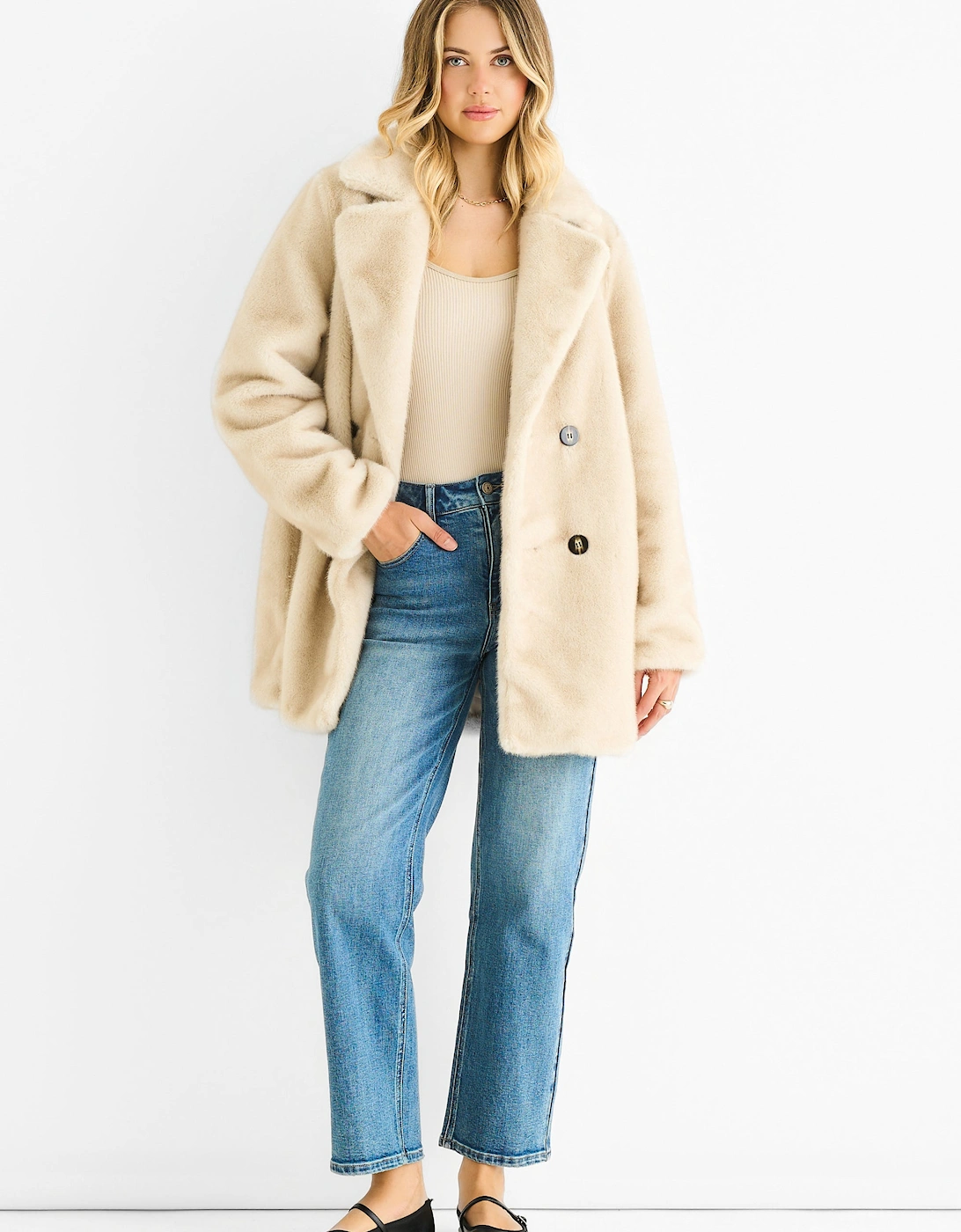 Beige Faux Fur Double Breasted Longline Jacket, 5 of 4