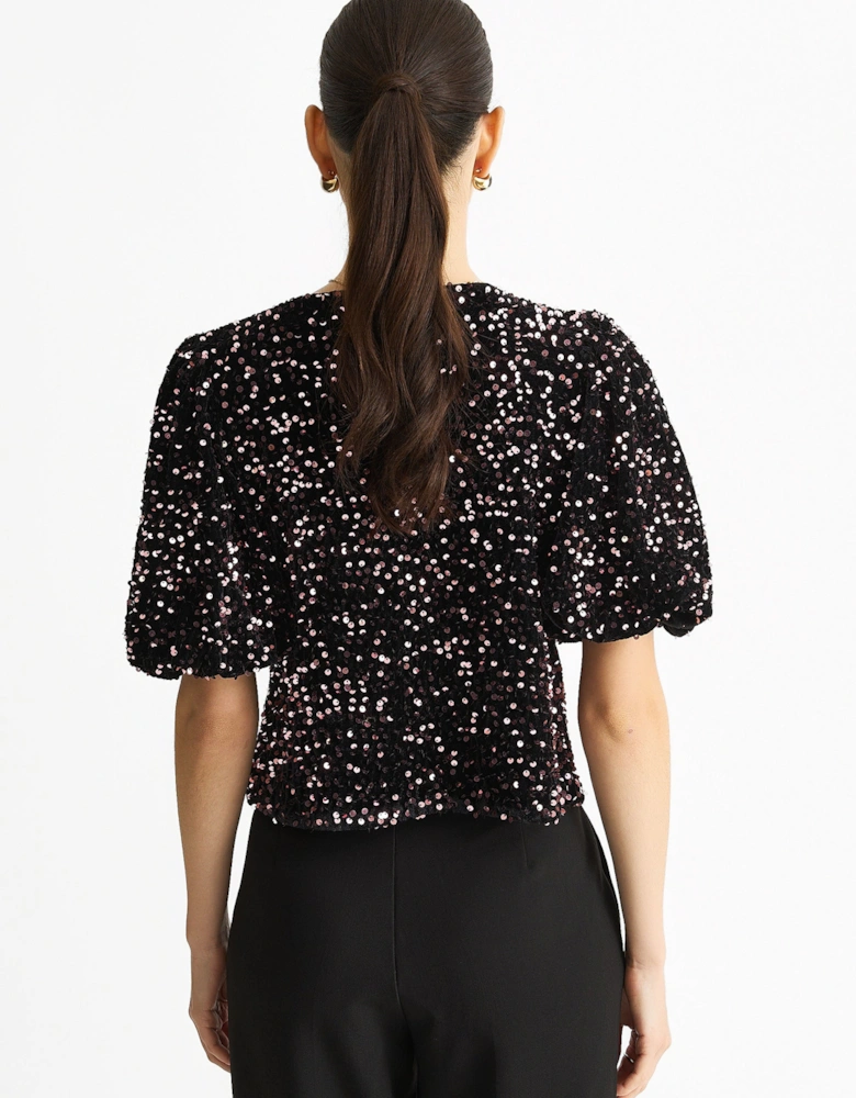 Purple Velvet Sequin Bow Front Bubble Sleeve Top