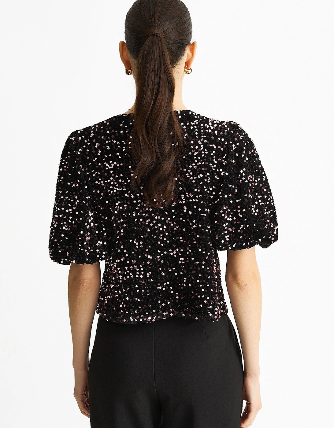Purple Velvet Sequin Bow Front Bubble Sleeve Top