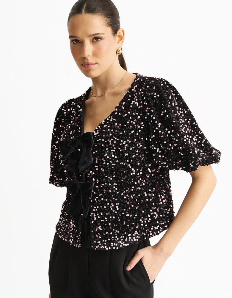 Purple Velvet Sequin Bow Front Bubble Sleeve Top