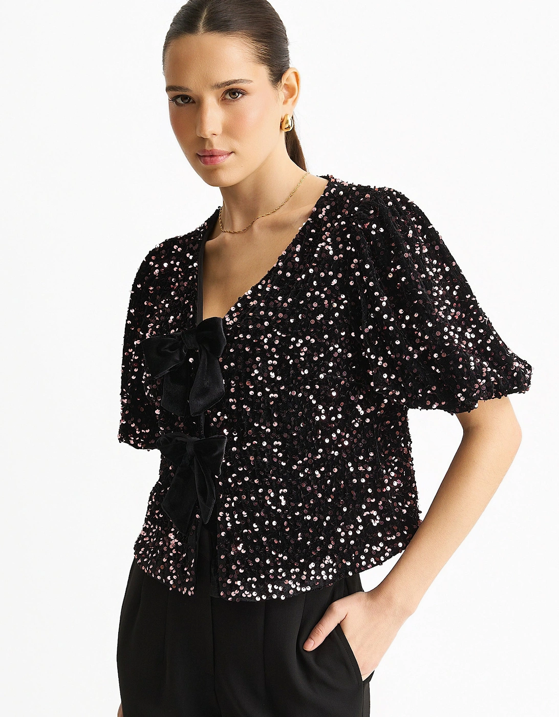 Purple Velvet Sequin Bow Front Bubble Sleeve Top