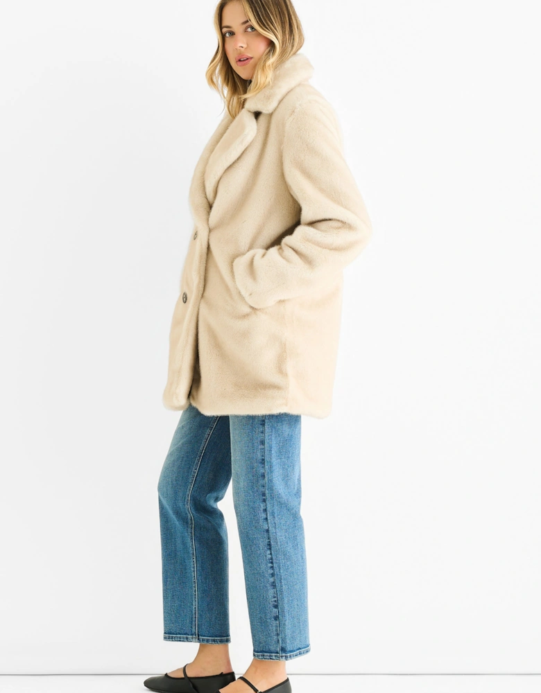 Beige Faux Fur Double Breasted Longline Jacket