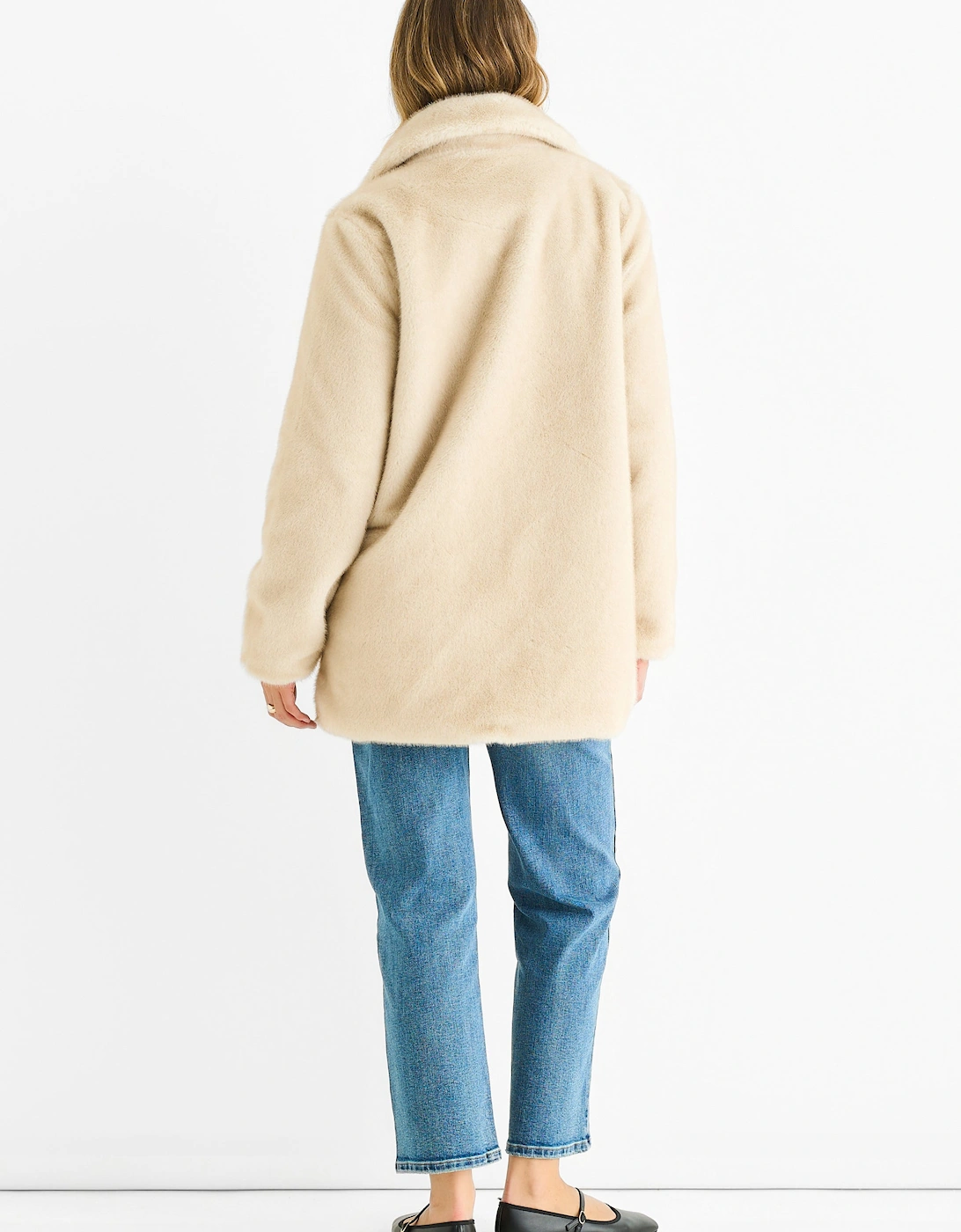 Beige Faux Fur Double Breasted Longline Jacket