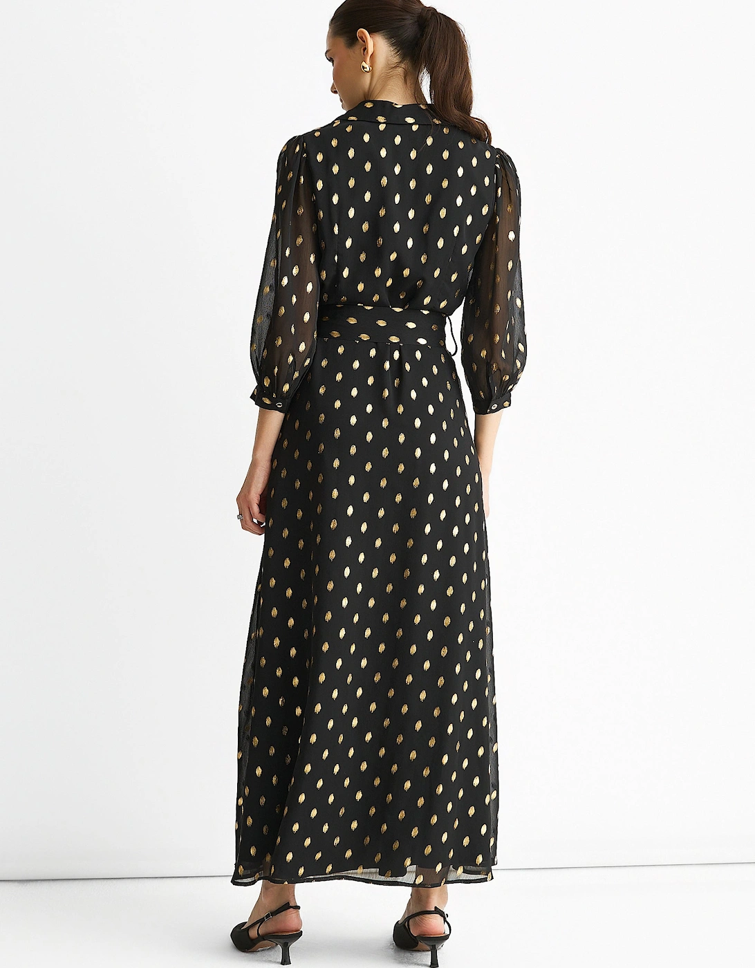 Black Chiffon Foil Belted Maxi Shirt Dress