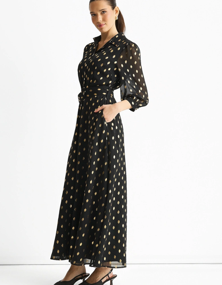 Black Chiffon Foil Belted Maxi Shirt Dress