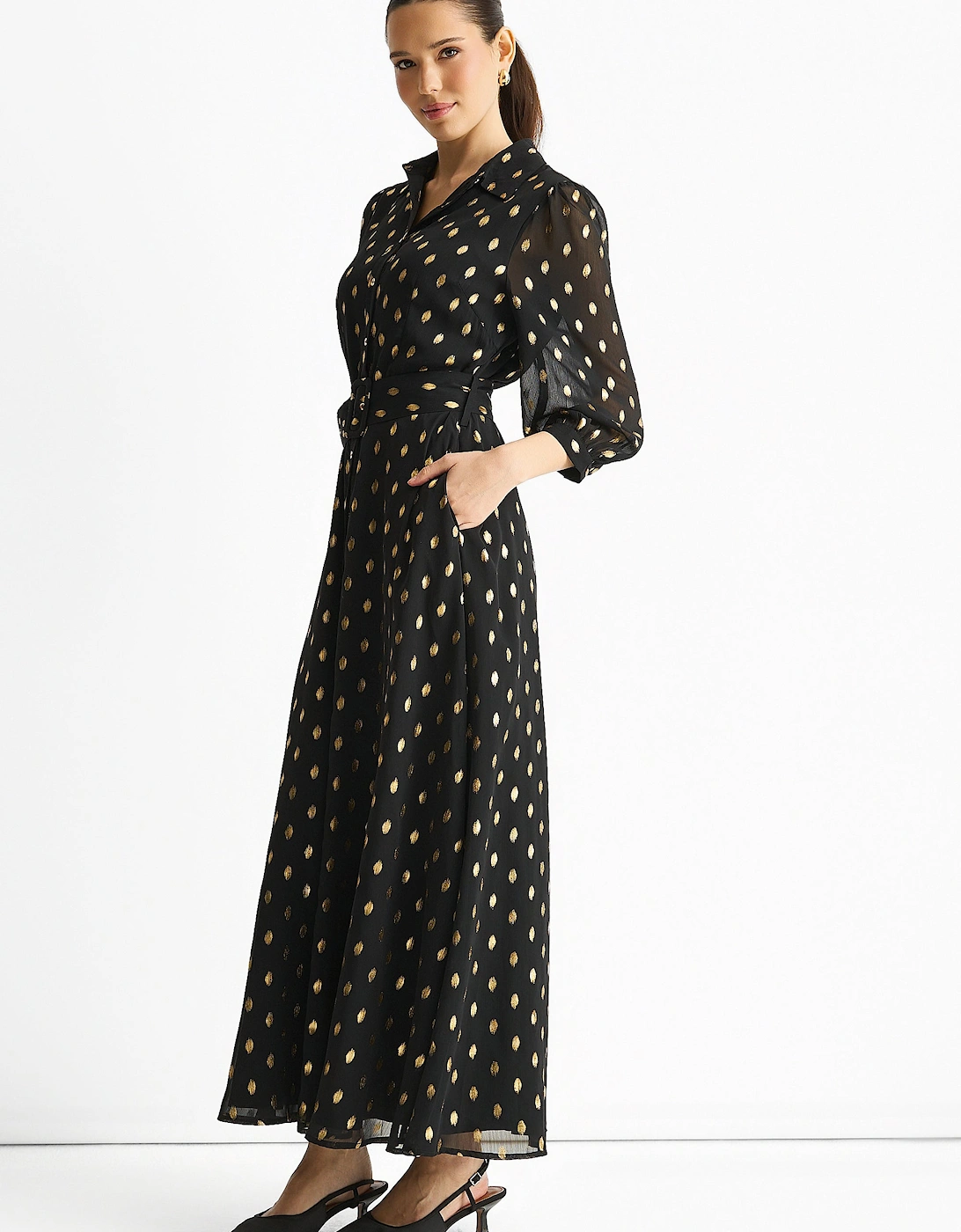 Black Chiffon Foil Belted Maxi Shirt Dress