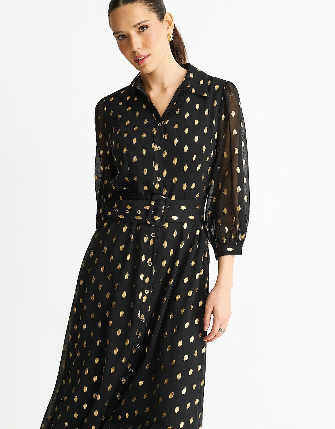 Black Chiffon Foil Belted Maxi Shirt Dress