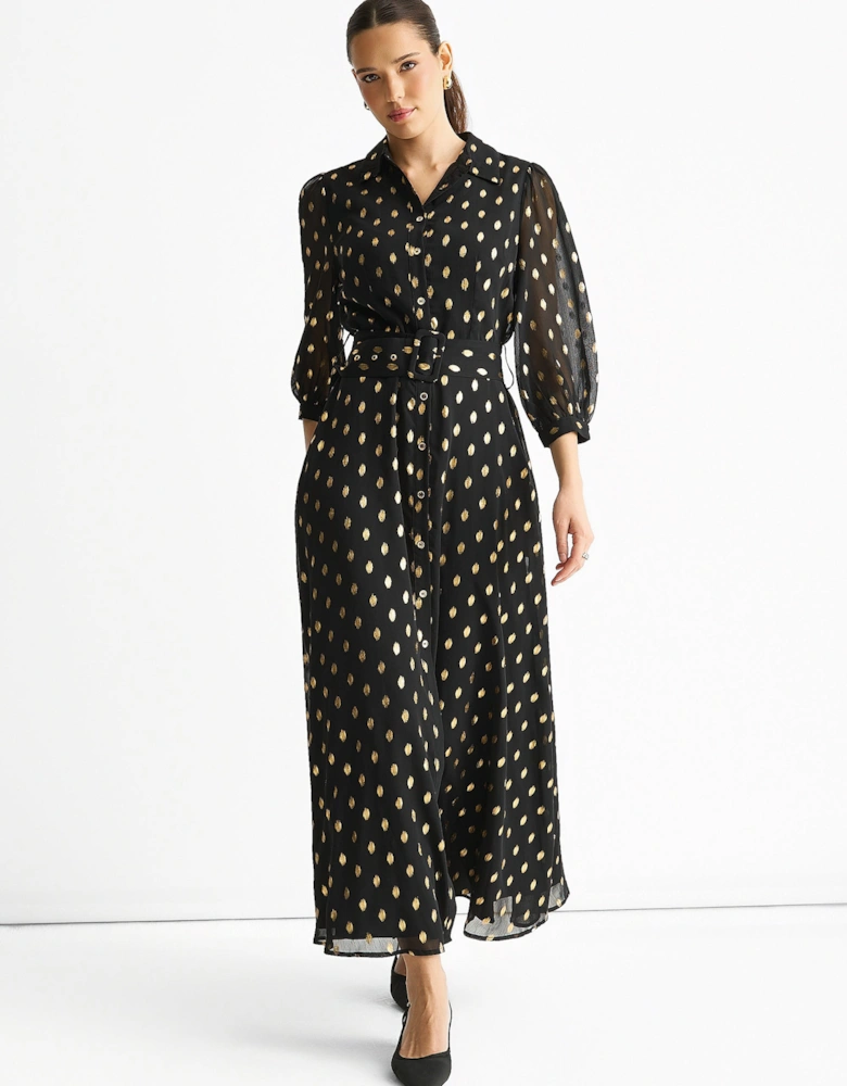Black Chiffon Foil Belted Maxi Shirt Dress