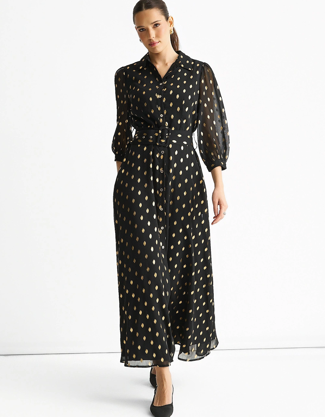 Gini London Women's Black Chiffon Foil Belted Maxi Shirt Dress - Size: 12