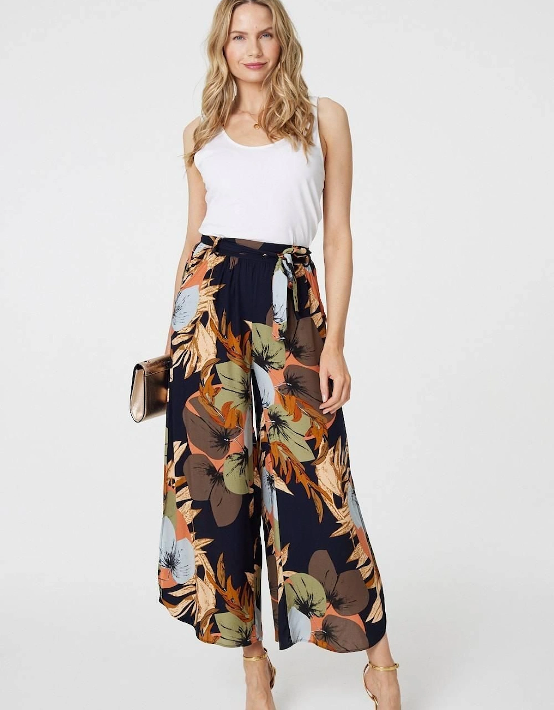 Leaf Print Tie Waist Split Leg Trousers, 2 of 1
