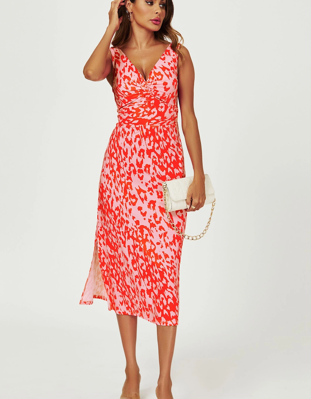 Leopard Print V Neck Knot Front Midi Dress In Pink, 2 of 1