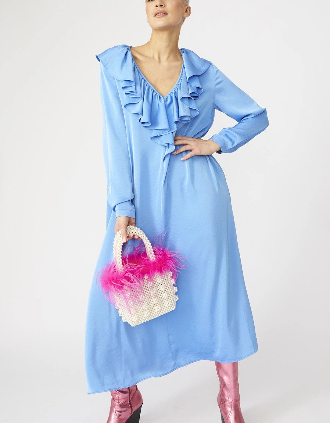 Blue Ruffle Maxi Shift Dress
