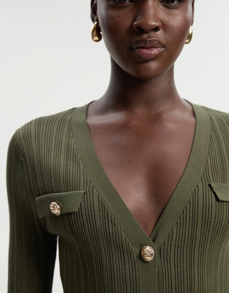 Viscose Blend Dry Handle Rib Military Trim Cardigan