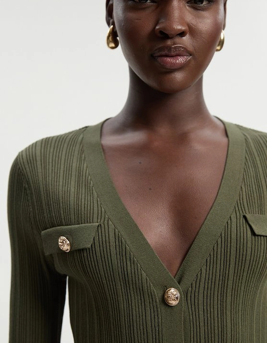 Viscose Blend Dry Handle Rib Military Trim Cardigan