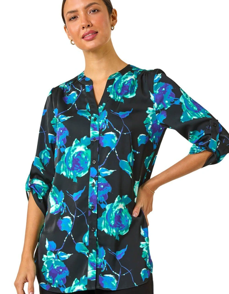 Floral Print Satin Button Blouse