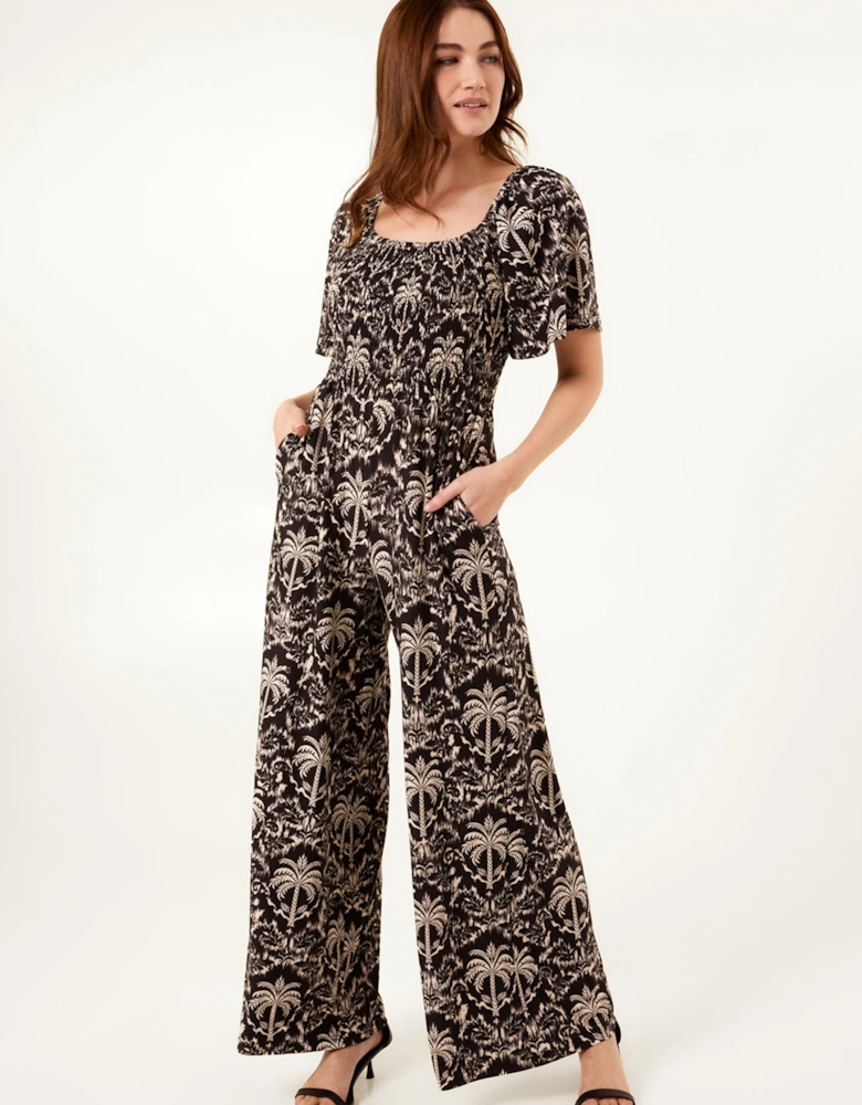 Black Palm Tree Print Square Neck Shirred Jumpsuit