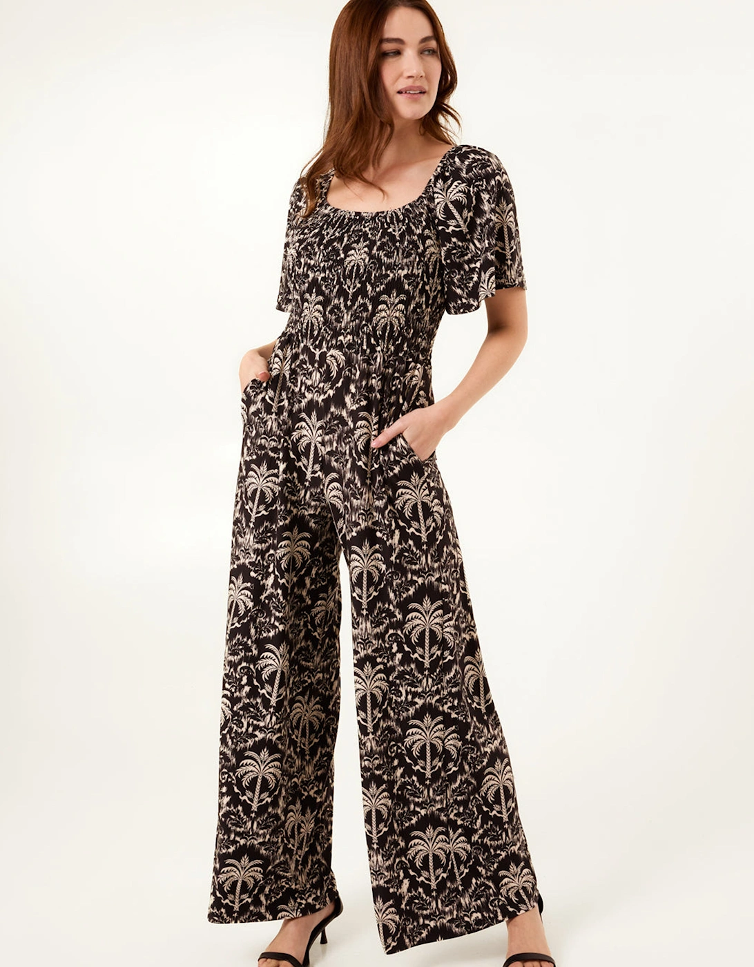 Black Palm Tree Print Square Neck Shirred Jumpsuit, 2 of 1