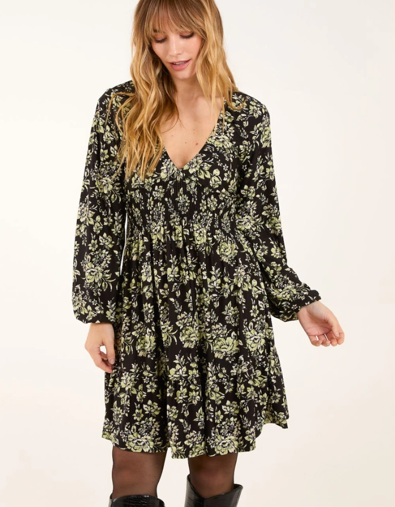 Shirred Elastic Sleeve Tier Mini Dress