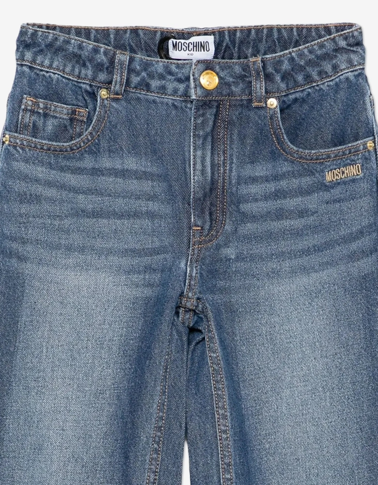 Girls Wide Leg Teddy Bear Jeans in Blue