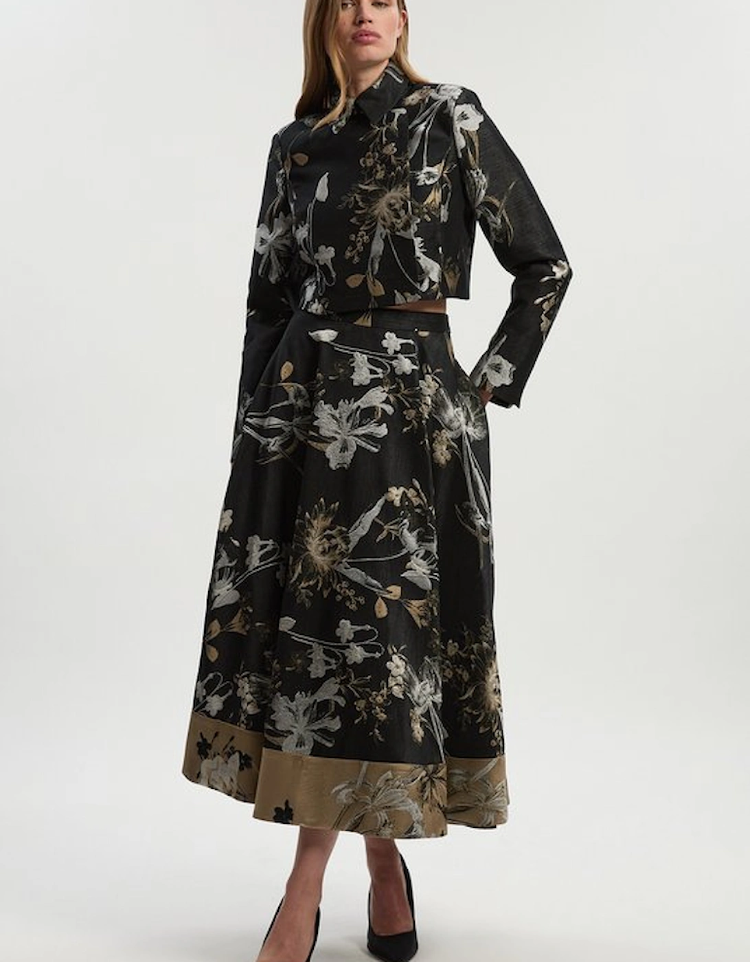 Floral Jacquard Tailored Full Midi Skirt