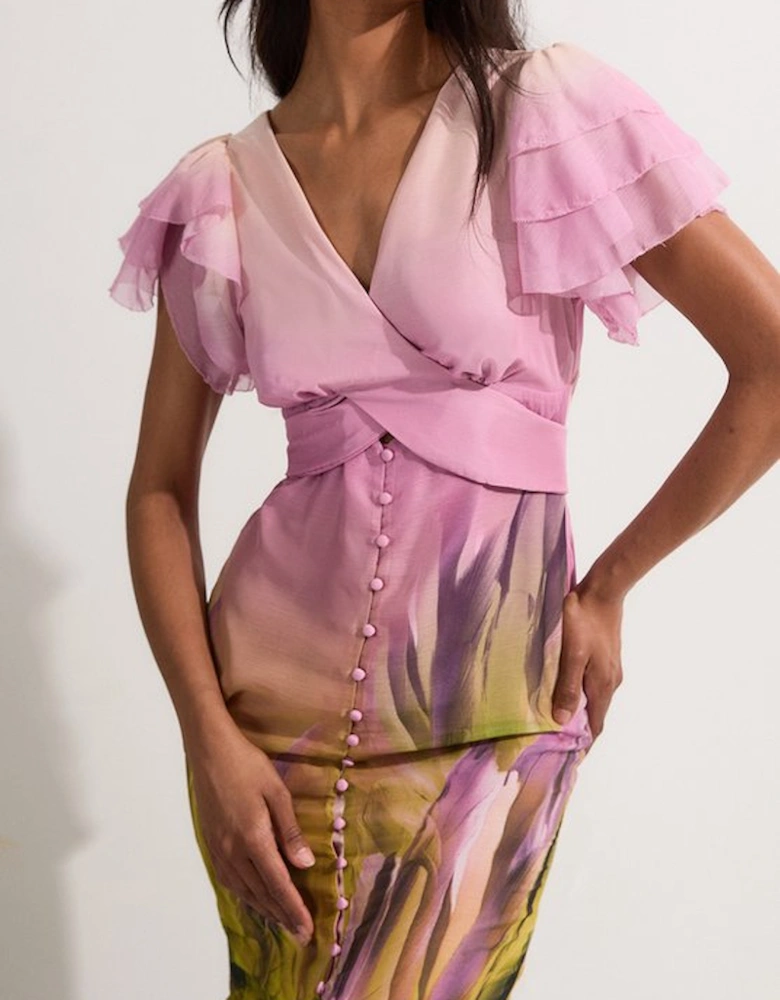 Ombre Floral Ruffle Sleeve Button Through Maxi Dress