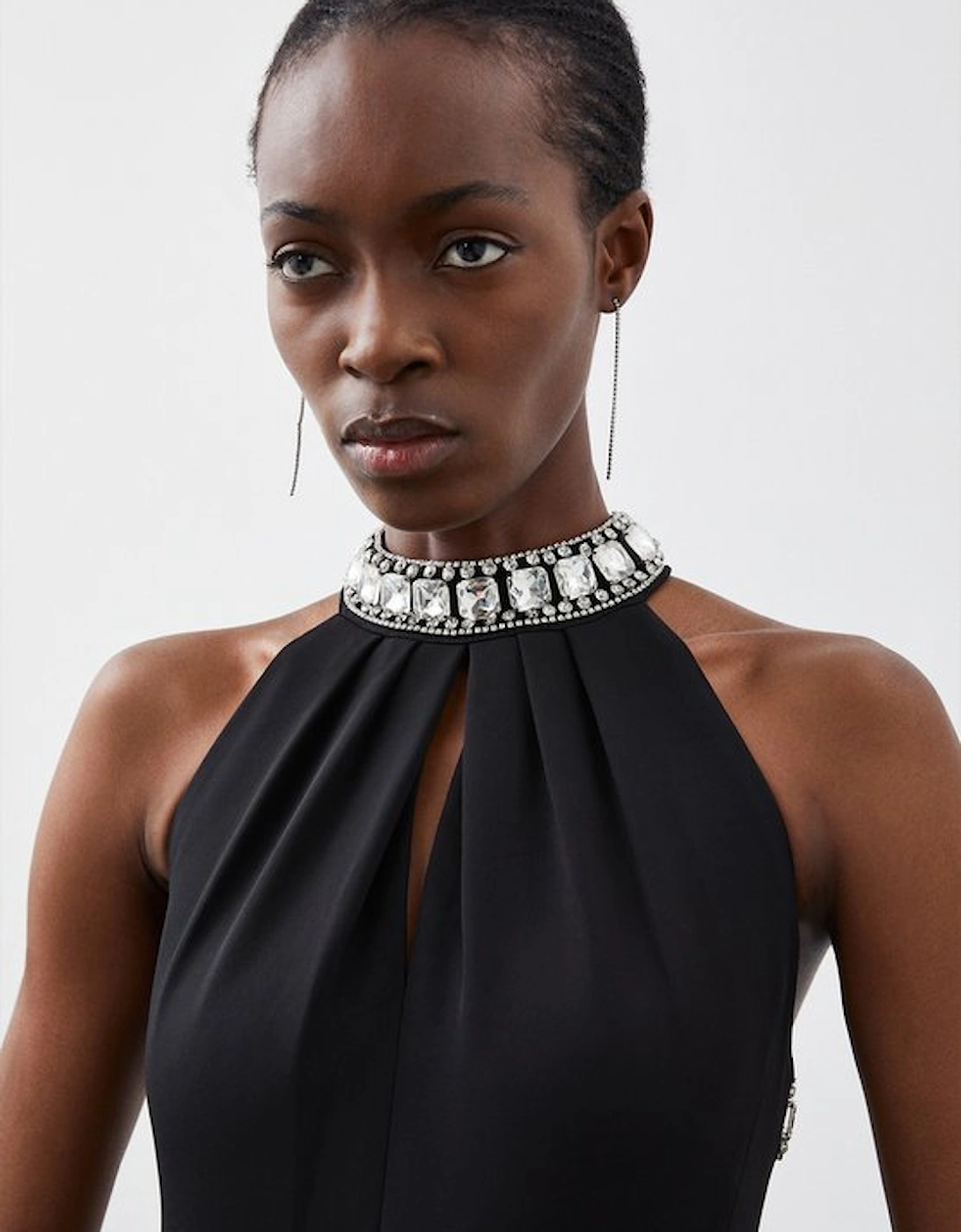 Petite Crystal Embellished Halter Woven Maxi Dress