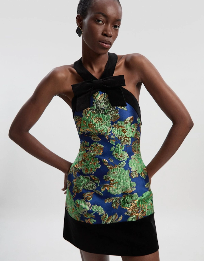 Velvet And Jacquard Contrast Halterneck Tailored Mini Dress