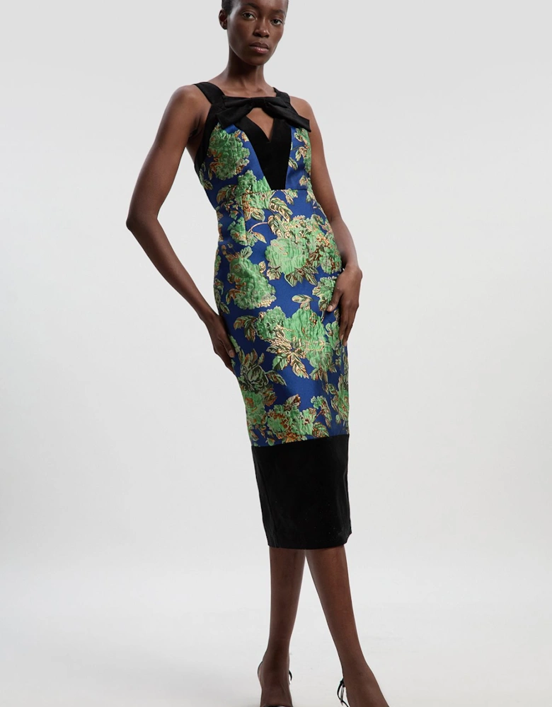 Velvet And Jacquard Contrast Strappy Tailored Midi Dress
